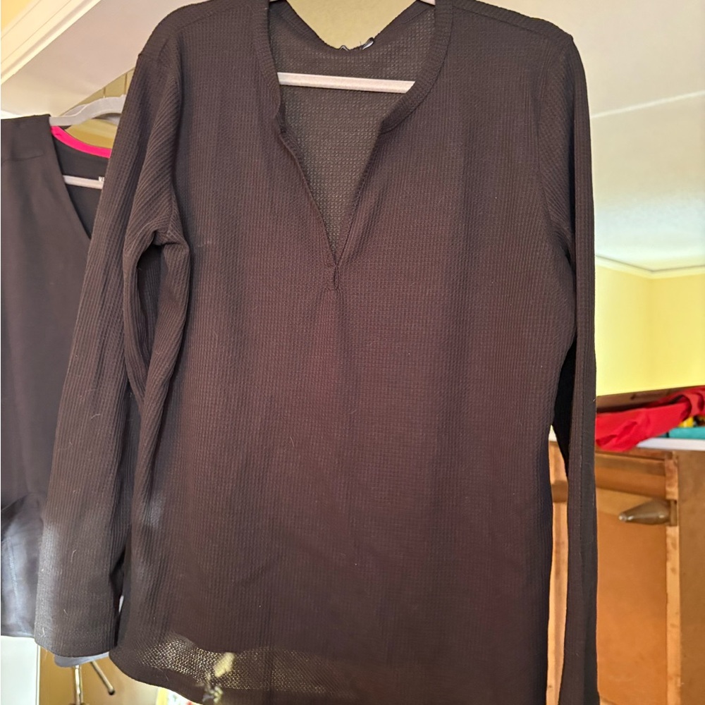 Waffle Knit Long Sleeve Top - Black